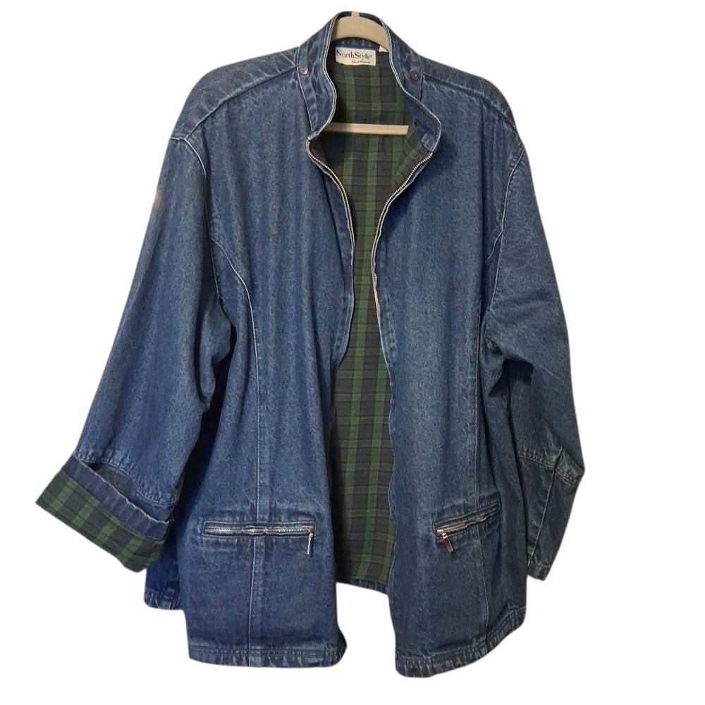 Northstyle Jacket Denim Zip Up Plaid Lined Removable Hood Pockets Women's Sz 3X